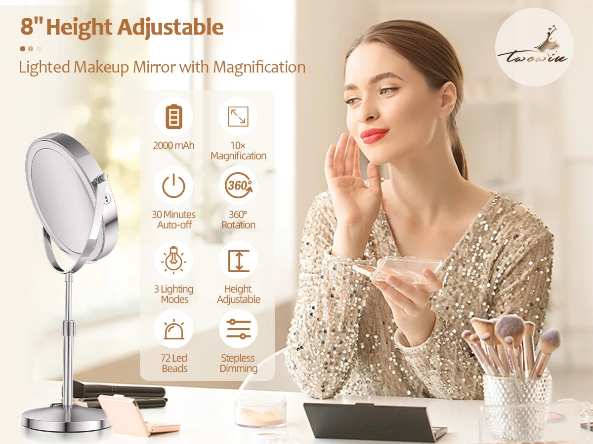 8 Inch Makeup Mirror With Light Lamp 10X Magnification 3 Color Lights,Adjustable Brightness Height Standing Cosmetic Mirror