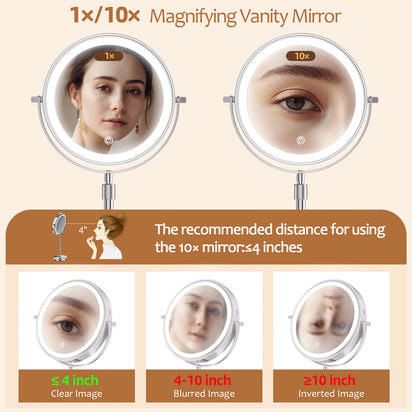 8 Inch Makeup Mirror With Light Lamp 10X Magnification 3 Color Lights,Adjustable Brightness Height Standing Cosmetic Mirror