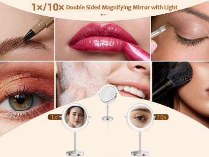 8 Inch Makeup Mirror With Light Lamp 10X Magnification 3 Color Lights,Adjustable Brightness Height Standing Cosmetic Mirror