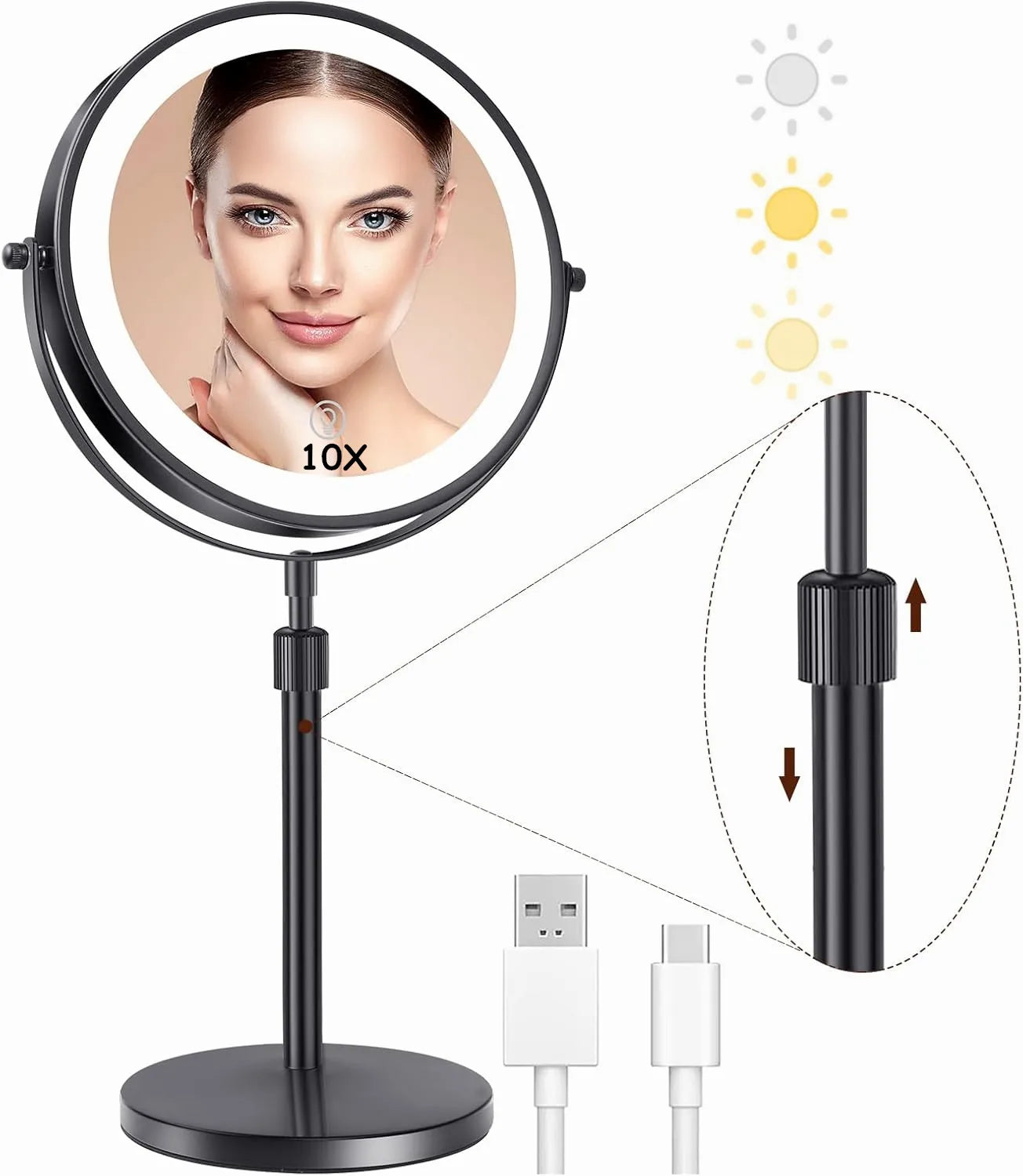 8 Inch Makeup Mirror With Light Lamp 10X Magnification 3 Color Lights,Adjustable Brightness Height Standing Cosmetic Mirror
