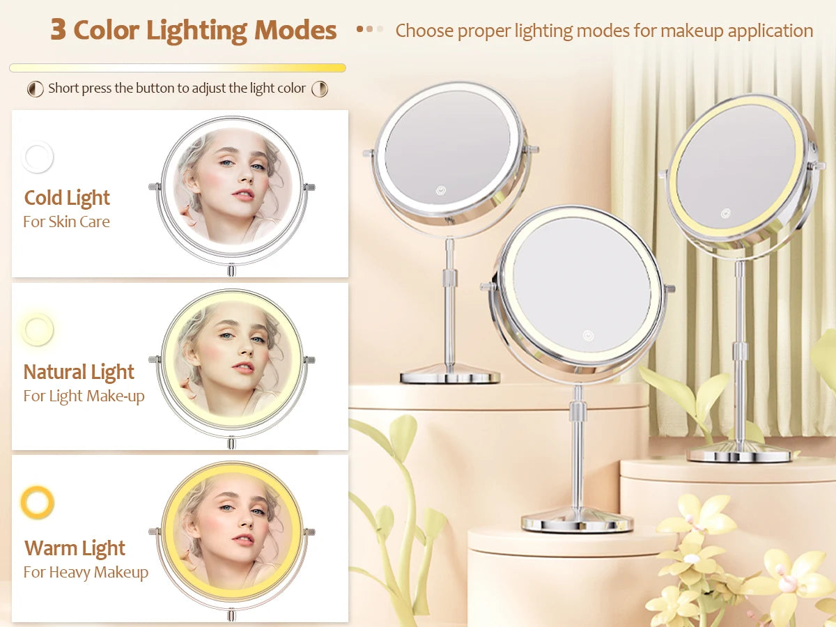 8 Inch Makeup Mirror With Light Lamp 10X Magnification 3 Color Lights,Adjustable Brightness Height Standing Cosmetic Mirror